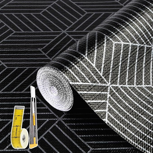 Shelf Liners for Kitchen Cabinets 17.3in x 20FT, Non Adhesive Cabinet Liner Strong Non-Slip Black and Silver Geometric Drawer Liner, Easy to Clean for Cabinet with Knife and Tape Measure