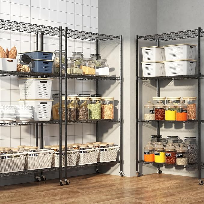 Homdox Heavy Duty 4-Tier Metal Shelving Unit with Adjustable Shelves, Rolling Storage Rack for Kitchen, Garage, Pantry, 36.02"x17.91"x74.41", Black