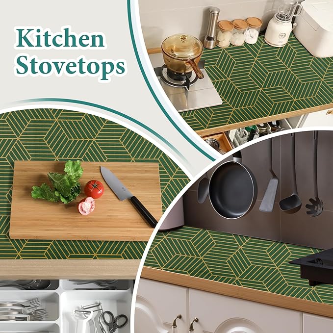 Shelf Liners for Kitchen Cabinets 12in x 20FT, Non Adhesive Cabinet Liner Strong Non-Slip Thickened Gold Green Geometric Drawer Liner, Easy to Clean for Shelf, Cabinet with Knife and Tape Measure
