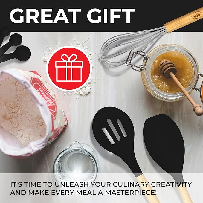 Kaluns Silicone Kitchen Utensils Set, Premium Non Stick Cooking Utensils Set - 21 Pcs Wooden Handle Silicone Spatula Set 446°F Heat Resistant - Kitchen Gadgets Home Essentials