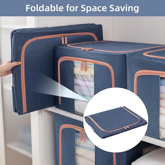 GuliPostan 3 Pack 24L Stackable Clothes Storage Bins with Metal Frame Handles & Zipper, Collapsible Closet Organizer Box with Lid for Bedding Blankets Towel (Navy)