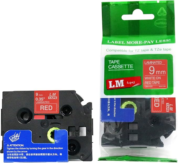 1/Pack LM Tapes - LMe425 Premium 3/8" White Print on Red Label Compatible with P-Touch TZe-425 Tape and Includes Tape Color/Size Guide. Replaces TZ-425 9mm 0.35 Laminated.