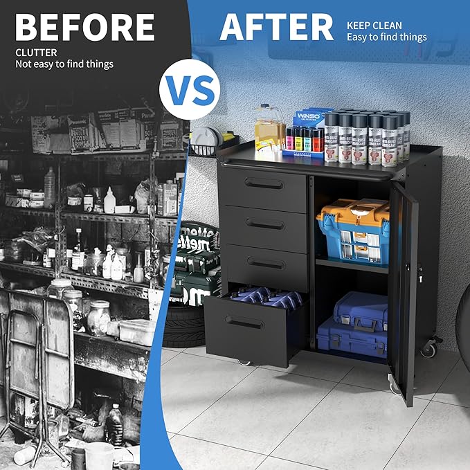 BIZOEIRON Metal Storage Cabinet with Wheels, Garage Storage Cabinet with 1 Door and 4 Drawer, Rolling Tool Cabinet, Assembly Required, Black