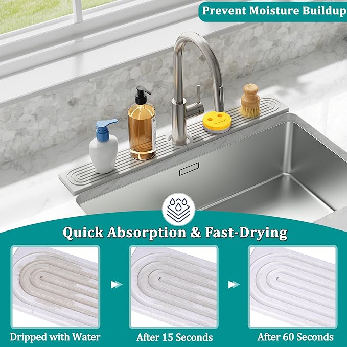 Stone Faucet Mat for Kitchen Sink - Quick Dry Diatomite Sink Splash Guard, Prevents Moisture Buildup & Water Stains, Water Absorbing Stone Tray for Bathroom Countertop (White, 30" x 4")