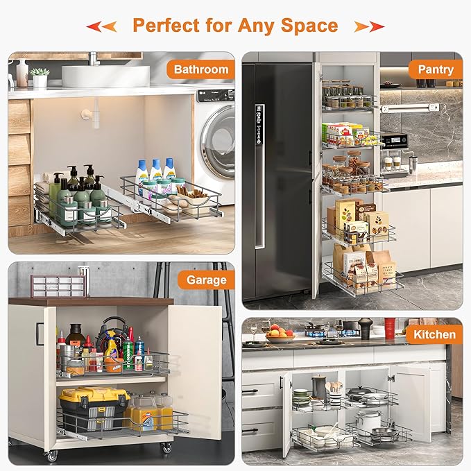 ALINE FURNITURE 2-Tier Pull Out Cabinet Organizer - 17" W x 22" D Soft Close Pullout Shelves with Shelf Liners - Slide Out Drawers for Kitchen Cabinets, Pantry, Bathroom, Heavy Duty Steel Wire Baskets