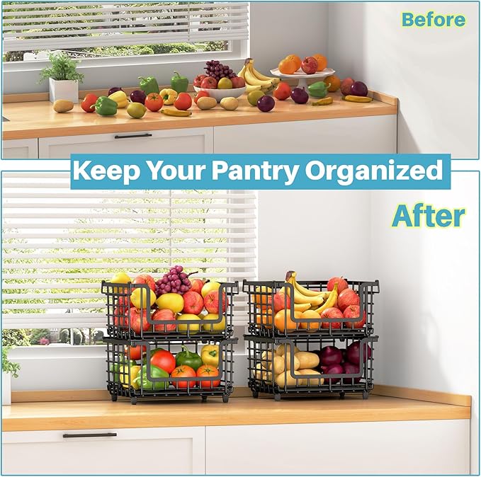 1 Pack Stackable Metal Wire Vegetable Fruit Basket for Kitchen Counter Cabinet, Pantry Organizers and Storage Basket, Food Can Snack Onion Potato Bread Storage Shelf Freezer Organizer Bins Black