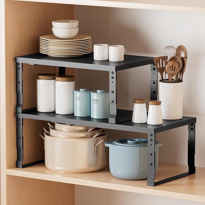 Asiingkel Metal Stackable Expandable Storage Shelf - Multi-Functional Home Storage Shelf, Suitable for Kitchen, Cabinet，Bathroom, Office, Garage, etc.（3PACKS/Black/Large