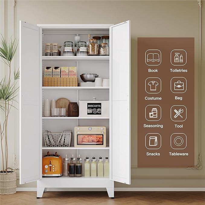 YAUWOH 71''Metal Cabinet with 4 Adjustable Shelves,5-Tier Pantry Storage Cabinet,Kitchen Pantry Cabinet for Living Room,Dining Room, White