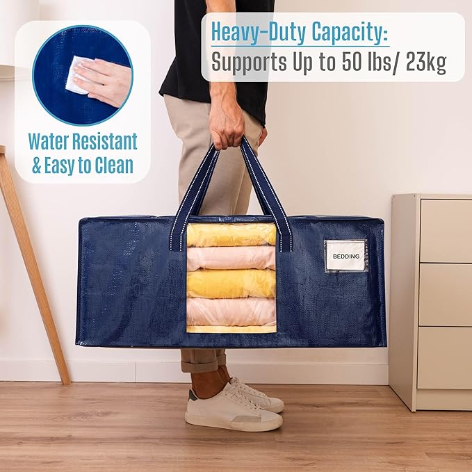 VENO 8 Pack Heavy Duty Moving Bags, Christmas Storage Bins with Lids, Transparent Window Design, Alternative to Moving Boxes, Storage Bags for Clothes, Blankets, Comforters, Pillows (Blue, 8 Pack)