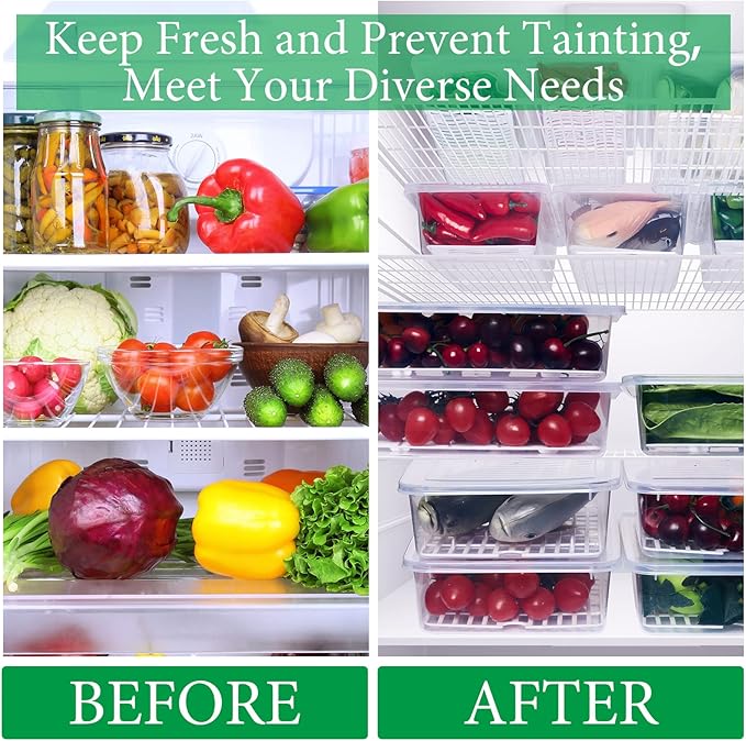 Meanplan 12 Packs Food Storage Containers for Fridge Plastic Refrigerator Organizers with Removable Drain Plate and Lid Stackable Produce Containers to Keep Fruits, Vegetables, Meat