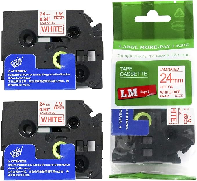 2/Pack LM Tapes - LMe252 Premium 1" Red Print on White Label Compatible with Brother TZe-252 P-Touch and Includes Tape Color/Size Guide. Replaces TZe252 24mm 0.94 Laminated