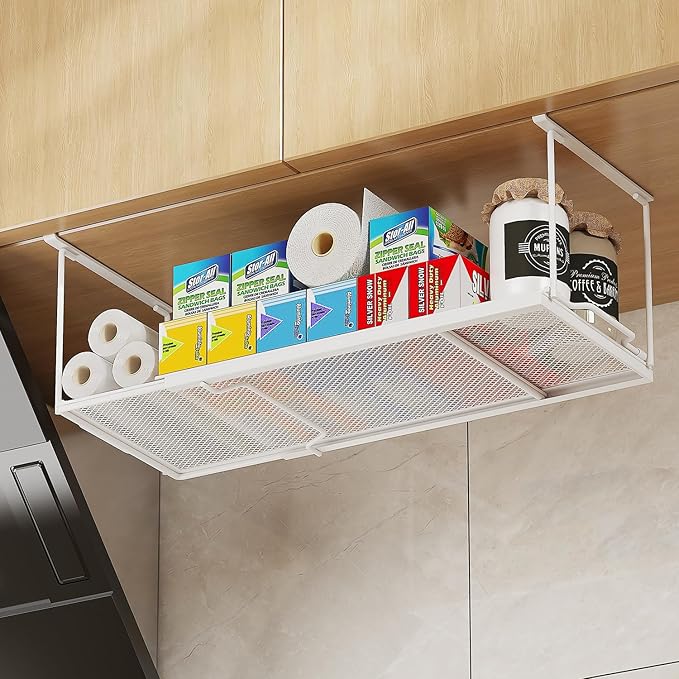 2 Pack Expandable Under Cabinet Shelf, Under Shelf Storage with 0.94 Inches Thick Clips for Kitchen Cupboard, Metal Hanging Under Desk Basket for Laundry Room, Shoe Rack