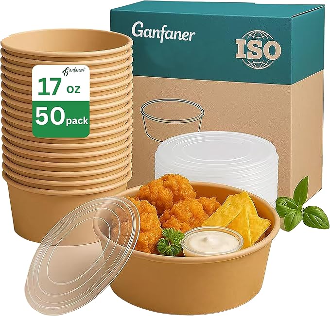 ganfaner 17oz Disposable Round Paper Bowls with Lid, 50 Sets Deli Containers Box Spillproof Acai Bowls, To Go Salad Bowl for Lunch Meal, Paper Meal Prep Box for Soup Toppings Snack Camp Family