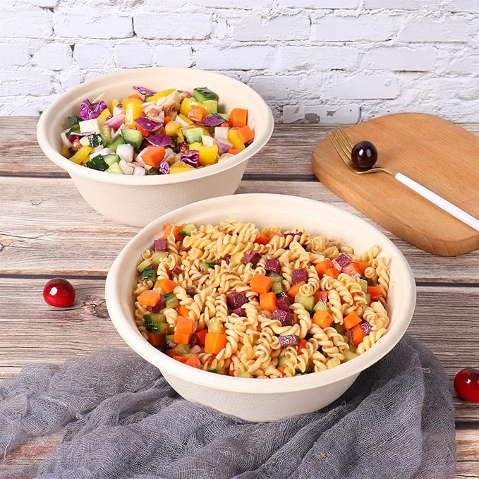 JAYEEY 40 oz Disposable salad bowls with lids,Sugarcane Paper Bowls take away food containers Plant Fibers Freezer Safe 25 Pack