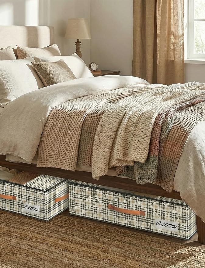 TOSKING Under Bed Storage with Wheels (2 Pack) with 4 Vacuum Bags, 7.9" Height Rolling Underbed Storage Containers, 900D Oxford Heavy Duty Drawer, 80lbs Load Organizer for Clothes, Shoes, Houndstooth