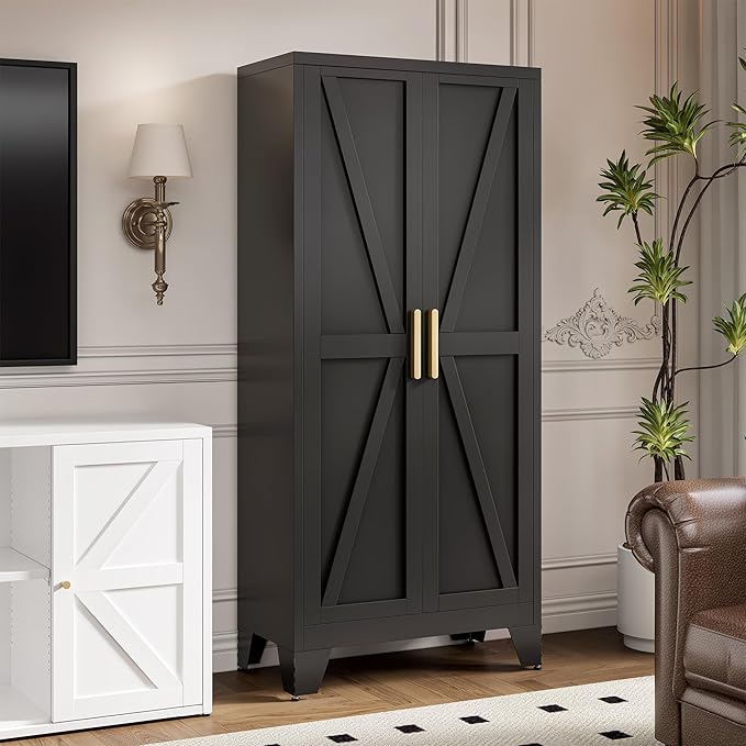 LCAOPC 61" Tall Metal Storage Cabinet with 2 Doors and 3 Adjustable Shelves, 4-Tier Kitchen Pantry Storage Cabinet for Kitchen, Living Room, Dining Room and Office, Black
