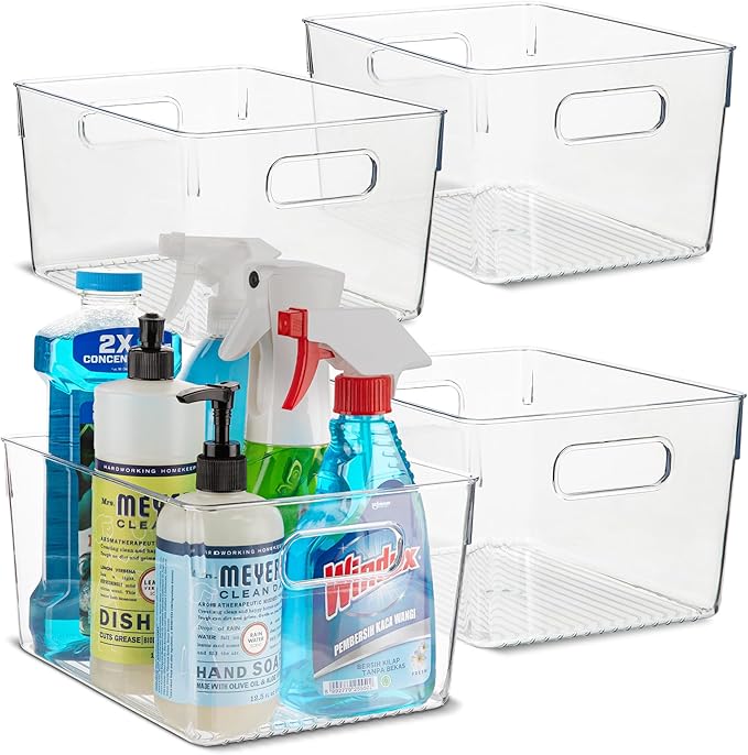 Plastic Food Storage 4 Pack Clear Container Bin with Handles for Organizing Kitchen, Pantry, Refrigerator, Freezer, Pantry, Cabinet, Closet, Bathroom. 10”x7.5”x5.3”