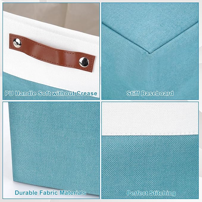 Collapsible Fabric Storage Cubes 11x11 Cube Storage Bins, 4 Pack Closet Baskets Box with Handles for Organizing, Shelf, Toys, Clothes, Home, Office, Nursery (Teal&White)