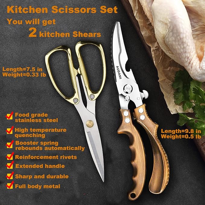 AUDAMI Premium Kitchen Shears 2-Pack Heavy Duty Poultry & Meat Scissors, Bone Shears for Cooking