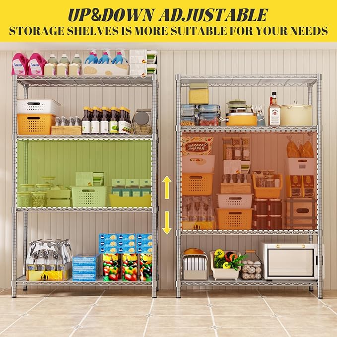 Storage Shelves Heavy Duty, 36" L x 14" W x 54" H Garage Wire Shelving Unit Loads 1400LBS, 4-Tier Adjustable Metal Industrial Utility Shelf Rack for Kitchen, Laundry Room, Pantry, Warehouse, Basement