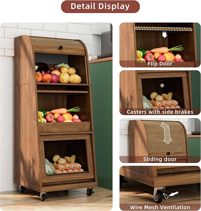 Movable Potato and Onion Storage Bins Box, Mid Century Modern Fruit and Vegetable Basket Storage with Sliding Door and Wheels, Food Kitchen Pantry Cabinet, Wooden Bread Storage, Walnut, Flip-top