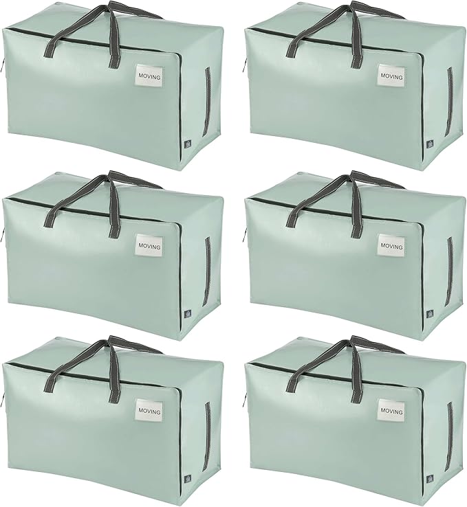 VENO 6 Pack Moving Bags and Large Christmas Decoration Storage Bins with lids. Alternative to Moving Boxes, Packing Supplies for College. Heavy Duty Totes (Shiny Light Green, 6 Pack)