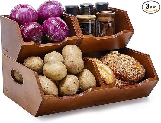 Wood Pantry Storage Bins, Stackable Large Capacity Potato and Onion Storage Baskets, Kitchen Pantry Organizers for Vegetables, Bread, Spices (Set of 3)