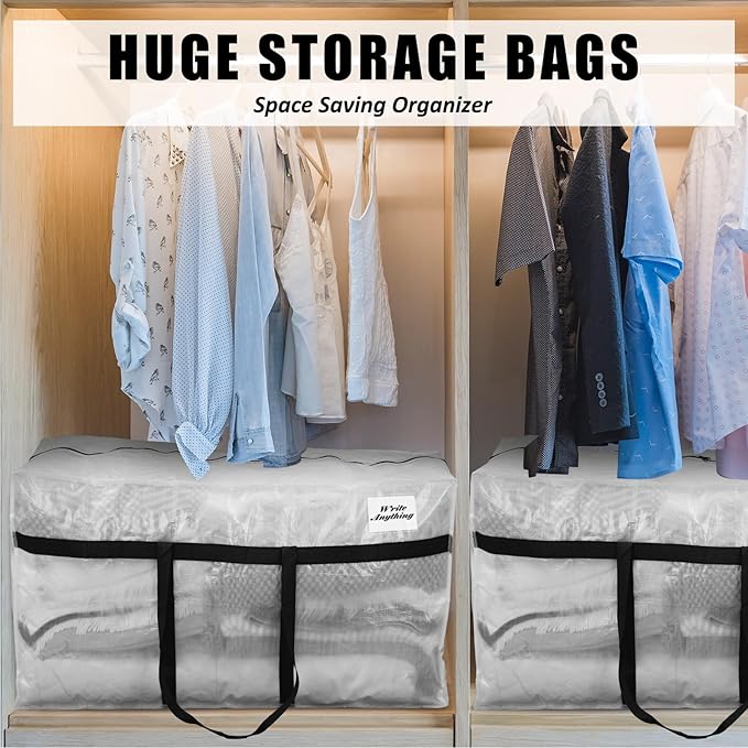 Windyun 4 Pack 57 Gallon Extra Large Moving Bags XXL Heavy Duty Storage Bag with Strong Zipper Handle Jumbo Big Tote Box Foldable for College Dorm Travel Clothes Duffle Blanket Pillow(Transparent)