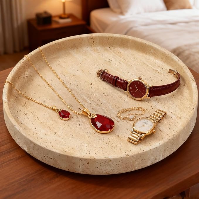 Apasqro Natural Travertine Vanity Tray – Round Beige Marble Tray for Bathroom, Jewelry, Candle, Perfume, Nightstand & Kitchen Decor, 10 Inch Wabi-sabi Style Decorative Stone Catchall Organizer