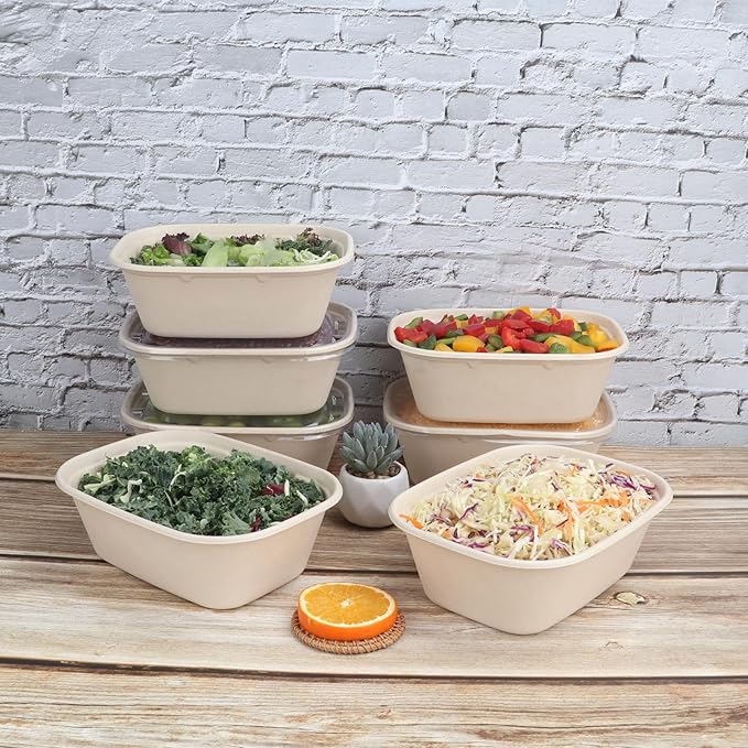 JAYEEY 44 oz Disposable salad bowls with lids, Sugarcane Fiber Paper Bowls take away food containers meal prep Plant Fiber deli container 50 Pack