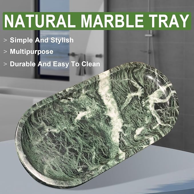 SWRONP Marble Tray for Kitchen Counter,Stone Tray for Bathroom Countertop,Dresser Vanity Decor Tray,Storage Trays for Perfumes,Candles,Jewelry (Dark Green)