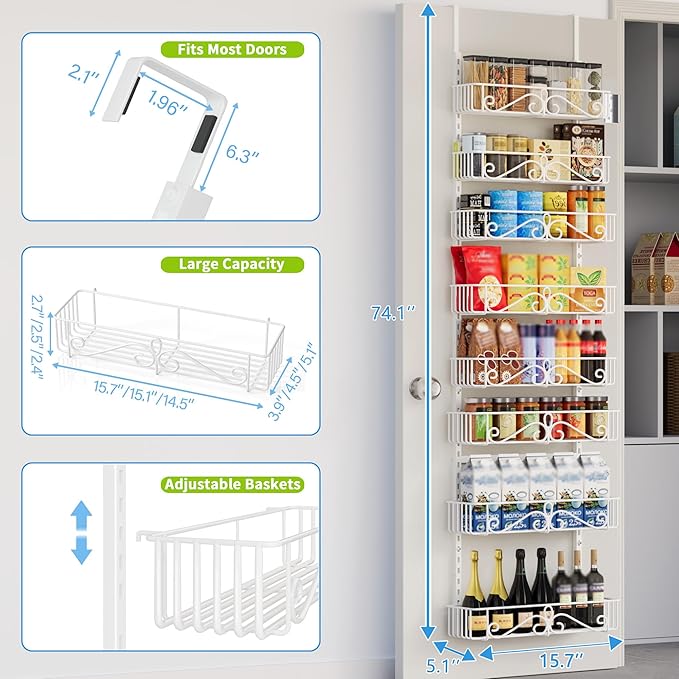 Over the Door Pantry Organizer - 8-Tier Adjustable Pantry Organization And Storage, Metal Hanging Door Spice Rack for Kitchen Pantry Organizers，White