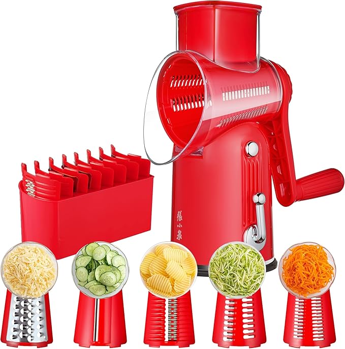 Rotary Cheese Grater Hand Crank with 5-in-1 Interchangeable Blades & Strong Suction Base Vegetables Shredder Manual Slicer for Kitchen, Red