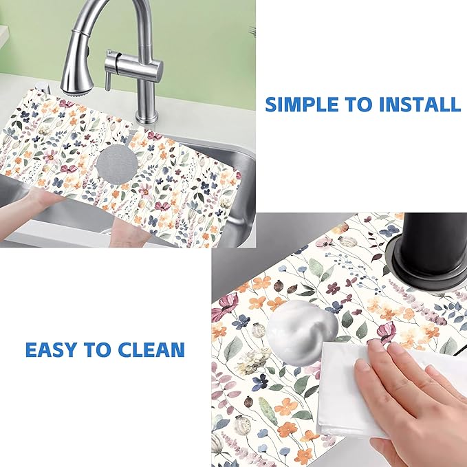 Vintage Watercolor Floral Kitchen Sink Splash Guard Mat Absorbent Fast Drying Mat Faucet Draining Mat Sink Splash Guard Behind Faucet Drip Catcher for Kitchen Bathroom 5.5"×15"