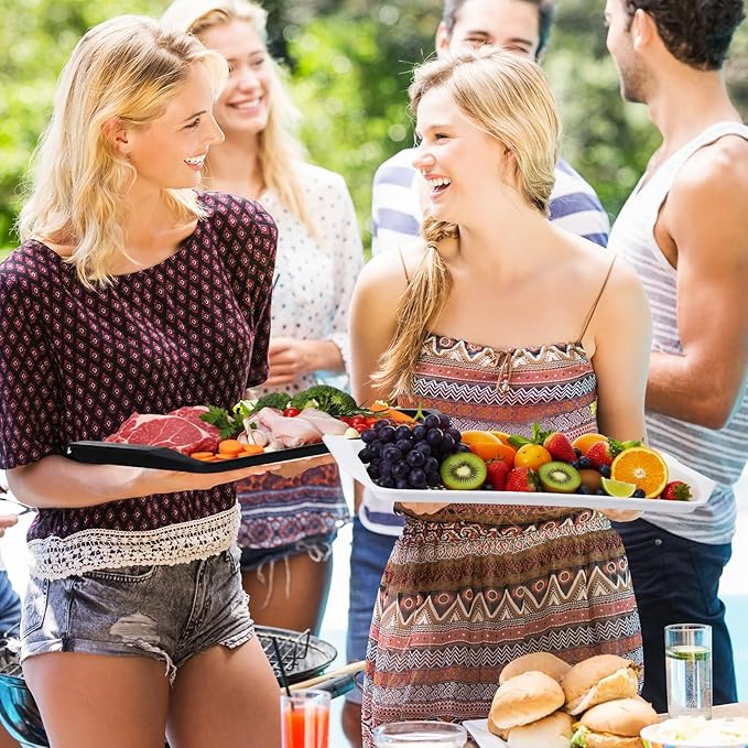 DoubleFill Set of 4 Grilling Prep and Serve Trays, 17x12 Inch Large BBQ Platter for Raw and Cooked Food, Cooking Meat Plastic Grilling Trays, Black and White Stackable Defrosting Prep and Carry System
