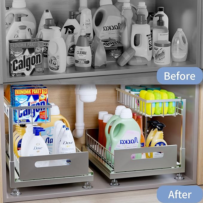 Under Sink Organizer Storage 2-Tier Premium Metal Pull-Out Kitchen Cabinet Organizer with Sliding Drawer, Height Adjustable, Heavy Duty for Kitchen & Bathroom Organizers 2 Pack Grey