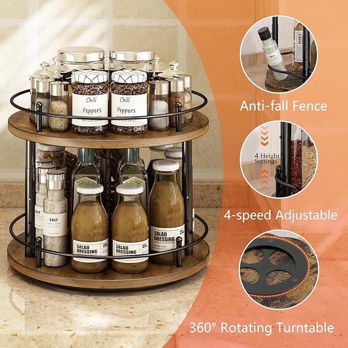 LIAISIMI 2 Tier Lazy Susan Organizer,2-Tier Spinning Spice Rack with Stable Carousel Base & 4 Height Settings for Cupboard Kitchen Countertop Dining Table Cupboard (Two-Ply(Round))
