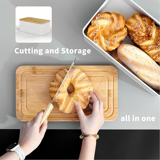 Furshus Bread Box for Kitchen Countertop,Metal Bread Storage Bin with Bamboo Cutting Board Lid, Includes Bread Knife, Fits Sourdough & Buns, Stylish Organize (White)