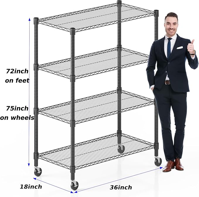Homdox Heavy Duty Metal Shelves for Storage, 4 Tier Storage Racks and Shelving, Commercial Adjustable Wire Shelving Unit on Wheels, Garage Rack Pantry Shelves Kitchen Shelving, 18"x36"x72", Black