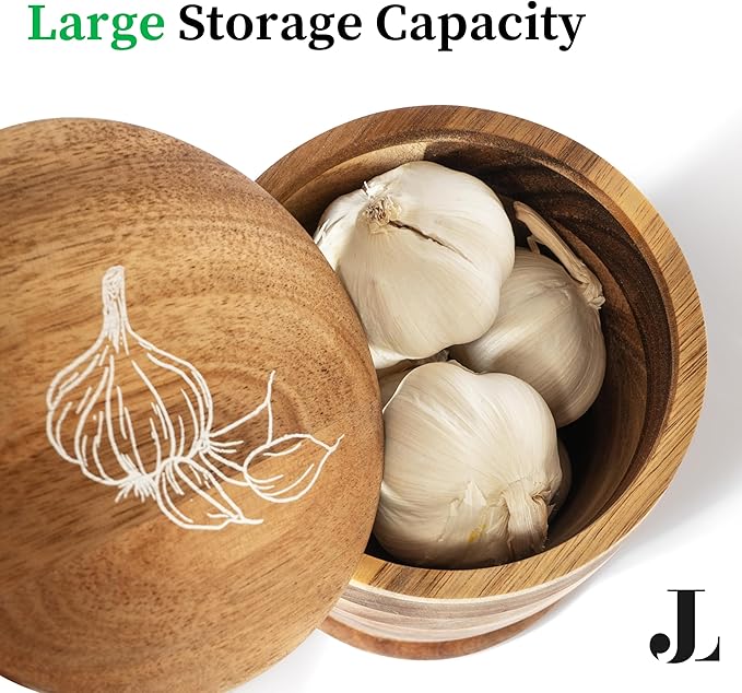 Jean Lemond Introducing The Always Fresh Acacia Garlic Keeper For Counter. A Crafted Large Garlic Storage Jar. A Rustic Garlic Holder Container Pot Saver.