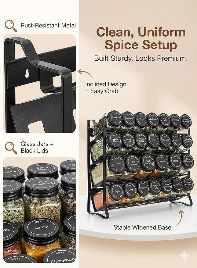 TOSCARA Spice Jar Rack Organizer for Cabinet! 28 Glass Jars with Black Lids! 4 Tier Seasoning Storage Shelf with 180 Labels, Funnel & Screws! Spices Organiser for Kitchen Countertop, Pantry, Cupboard