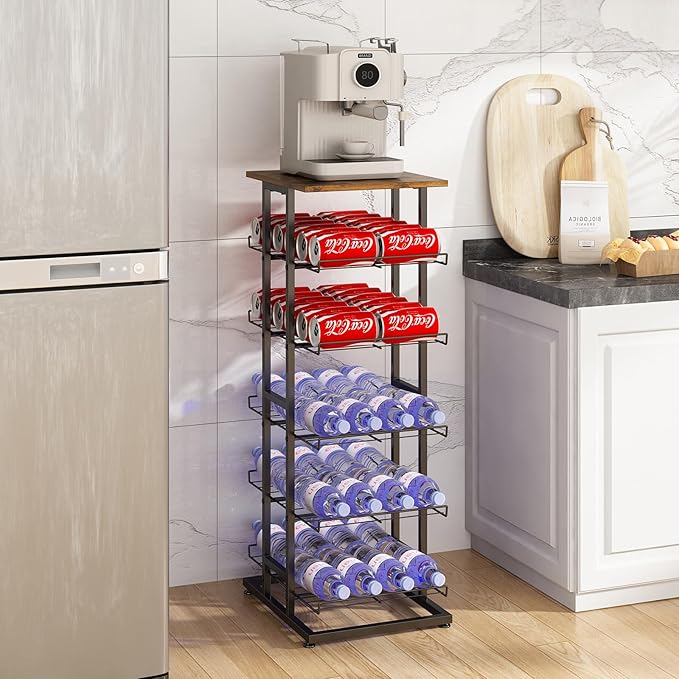 GILLAS 3 5 6 7 8 Tier Water Bottle Storage with Wooden Tabletop,Metal Beverage Can Rack,Large Capacity Bottled Rack Water Bottle Holder Stand for Cabinet,Countertop Kitchen,Party,Black