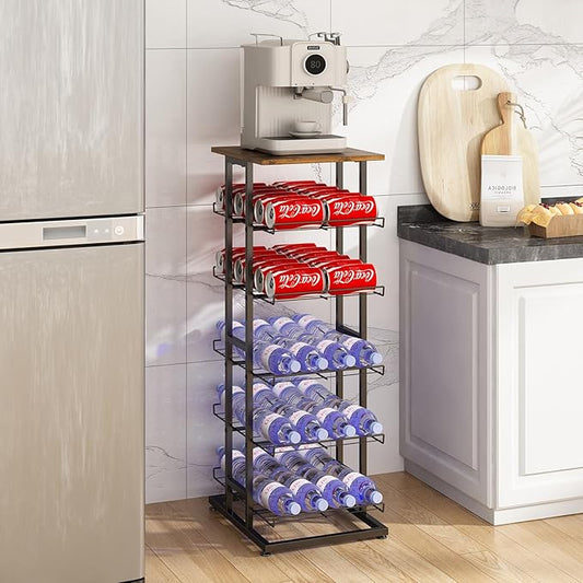 GILLAS 3 5 6 7 8 Tier Water Bottle Storage with Wooden Tabletop,Metal Beverage Can Rack,Large Capacity Bottled Rack Water Bottle Holder Stand for Cabinet,Countertop Kitchen,Party,Black