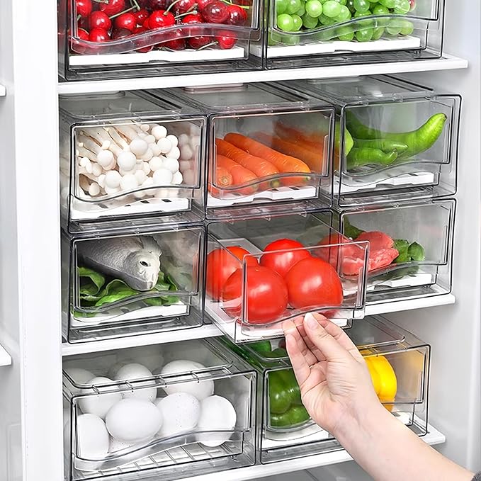 2 Pack Fruit Storage Containers for Fridge with Drain Board, Stackable Refrigerator Organizers and Storage,Reusable Food Storage Containers,Fridge Organizer Drawer for Produce,Vegetable,BPA-Free