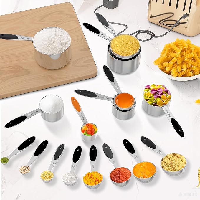 Minteem Measuring Cups and Spoons Set, 21 Pieces Stainless Steel Measuring Cups Measuring Spoons Set with Black Silicone Handle, Nesting Measuring Cup Spoon for Dry or Liquid Ingredients