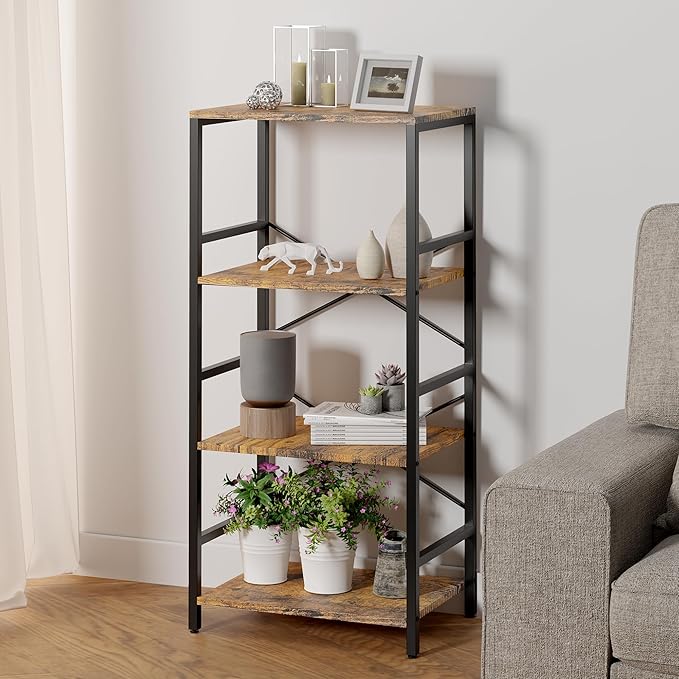 Whitmor 4 Tier Bookshelf - Small Book Shelf Industrial Bookcase, Metal Book Case Book Storage Organizer for CD/Movie/Book, Bookshelves for Bedroom Office Living Room Berry Brown