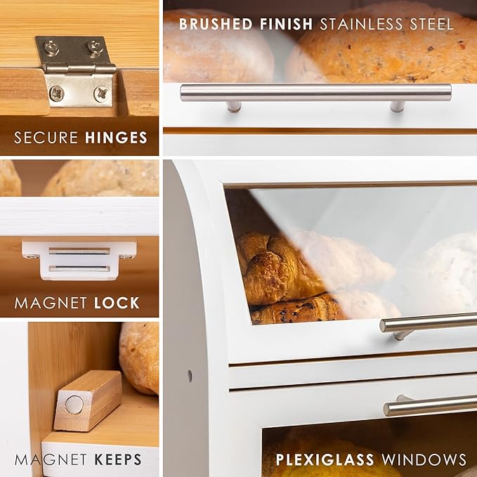 Arise Stylish Bamboo Bread Box for Kitchen Countertop, Extra Large 2-Shelf Wooden Bread Storage Container with Clear Windows and Air Vents Keep Bread, Bagels and Rolls Fresh, Self Assembly