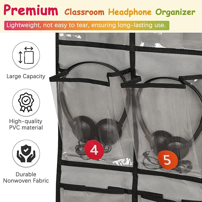 2 Pack Classroom Headphone Storage Organizer with 30 Pockets, PVC Clear Classroom Pocket Chart for Headphone Cell Phone Over-the-Door Hanging Headphone Holder Bag with 62 Labels(Grey)