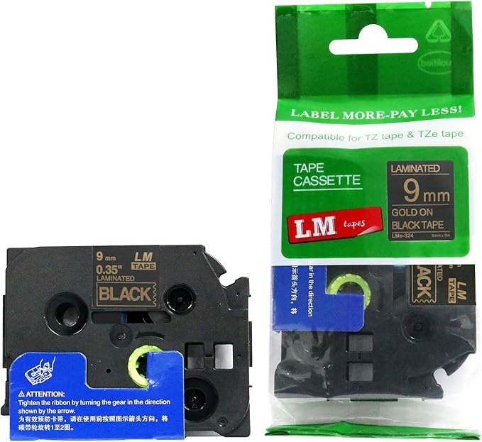 1/Pack LM Tapes - LMe324 Premium 3/8" Gold Print on Black Label Compatible with P-Touch TZe-324 Tape and Includes Tape Color/Size Guide. Replaces TZ-324 9mm 0.35 Laminated.