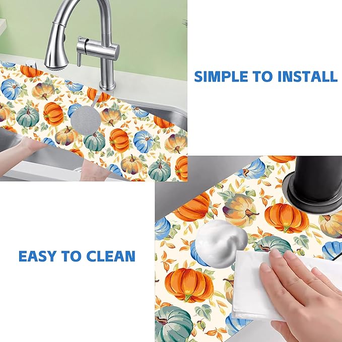 Thanksgiving Colorful Pumpkin Dish Drying Mat for Kitchen Sink Splash Guard Behind Faucet Sink Mat Absorbent Fast Drying Faucet Draining Mat for Bathroom Kitchen 5.5"×24"